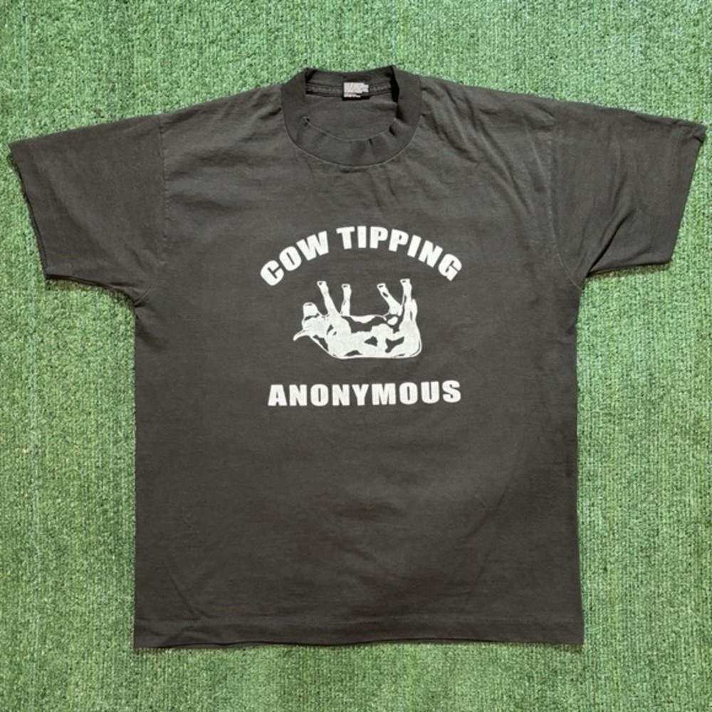 80s Fruit of the Loom T-Shirt Mens Large Black Cow Tipping Anonymous Graphic Tee